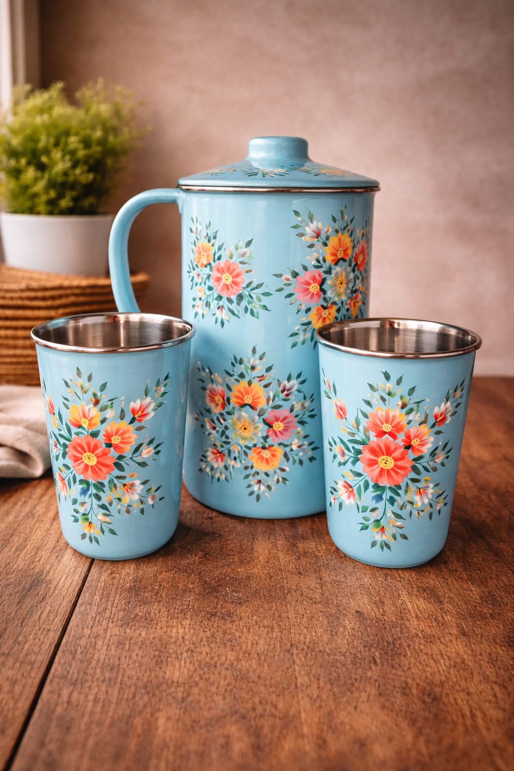 Hand painted jug set, Enamel Ware utensils,Enamelware jug set with 2 hand painted steel glass , kashmiri enamelware, hand painted tumbler and steel pitcher